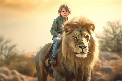 Premium Ai Image A Young Boy Riding A Lion With A Golden Mane