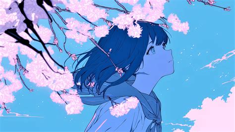 Download Wallpaper 1920x1080 Girl Glance Wind Flowers Blue Anime