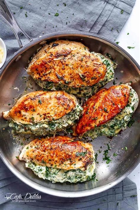 These stuffed chicken breast recipes will last in the fridge up to 4 days. Spinach Artichoke Stuffed Chicken - Cafe Delites