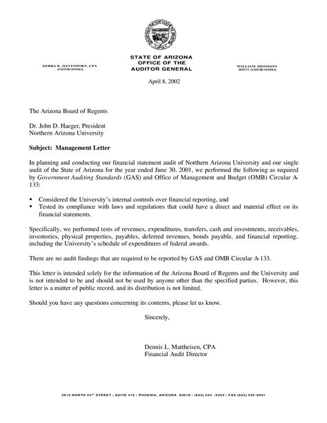 Northern Arizona University Management Letter 2001 Arizona Memory Project