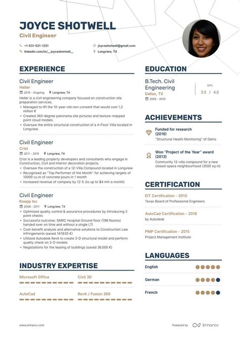 Customized samples based on the most contacted civil engineer you may also want to include a headline or summary statement that clearly communicates your goals and qualifications. Civil Engineer Resume Examples Guide & Pro Tips | Enhancv