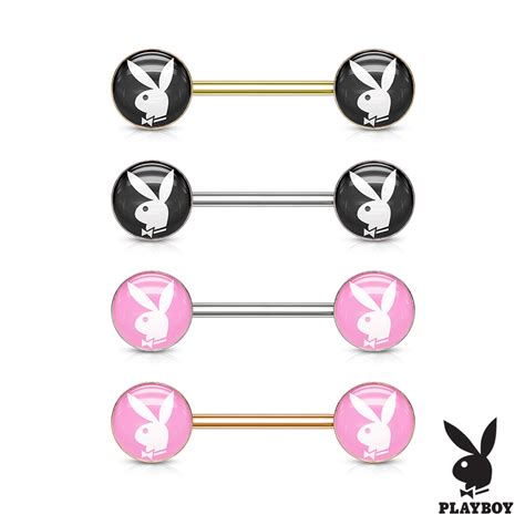 Pair Playboy Bunny Inlay Steel Nipple Ring Barbells Bodydazz