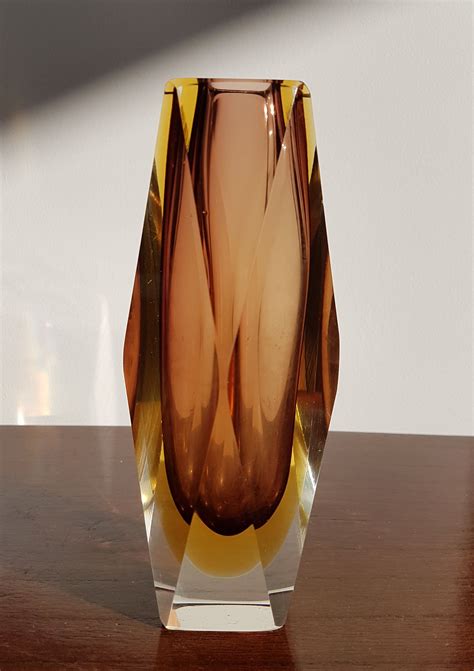 Reserved Vintage Murano Sommerso Double Cased Brown And Amber Etsy Murano Glass Vase Blown