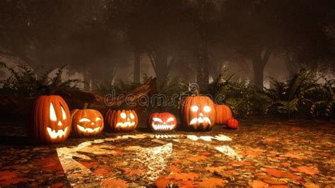 Halloween Pumpkins In Scary Autumn Forest At Dusk Stock Illustration