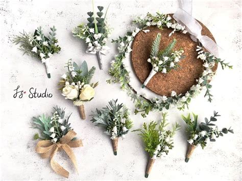 Greenery Boutonniere Wrist Corsage Set Rustic Wedding Etsy