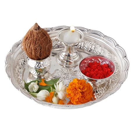 Pure Silver Puja Thali Set Plate Katori Diya Loti Net Weight 105 110