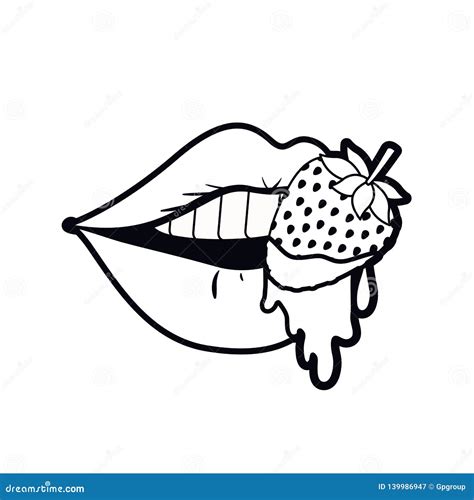 Female Mouth Dripping With Strawberry Fruit Stock Vector Illustration