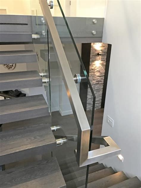 A simple and elegant stainless steel staircase railing design, showing elevation, section and its fixing detail. Handrails, Stainless Steel, Metal Railings Vancouver