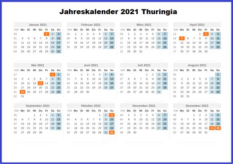 Die beste art, ihre planung festzulegen und ihre termine einzutragen unsere kalender juli 2021 zum ausdrucken kostenlos monatskalender stehen nachstehend zum download zur verfügung. Kostenlos Jahreskalender 2021 Thuringia Zum Ausdrucken ...