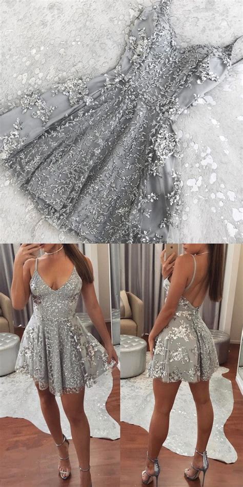 Silver Sequin Lace V Neck Tulle Homecoming Dresses Short Prom Gowns