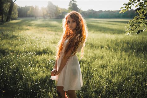 Wallpaper Redhead Women Outdoors Long Hair Dress See Through Clothing Wavy Hair Sunlight