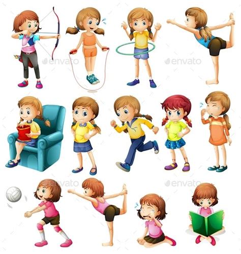 Girls Doing Different Activities Illustration Little Girl Drawing