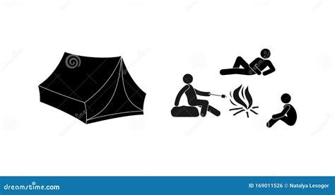 Tourism Icon Stick Figure People Sitting Around A Campfire Summer