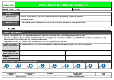 Free Safe Systems Of Work Template Printable Templates