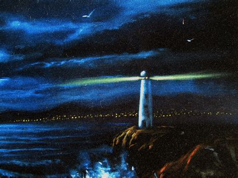 Lighthouse And Storm Seascape Original Oil Painting On Black Velvet
