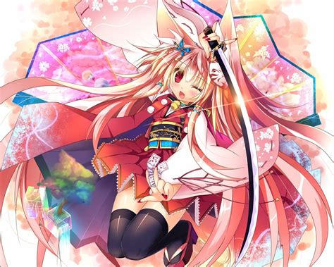 Blondes Long Hair Weapons Kimono Animal Ears Red