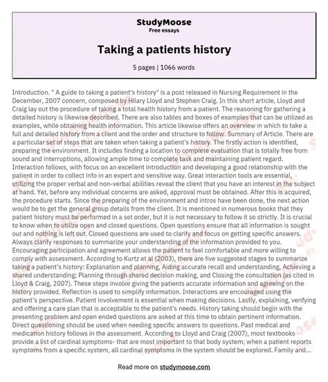 Taking A Patients History Free Essay Example