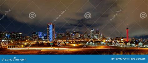 Denver Downtown Panorama At Winter Night Stock Image Image Of