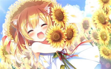Download 1920x1200 Anime Girl Big Smile Sunflowers