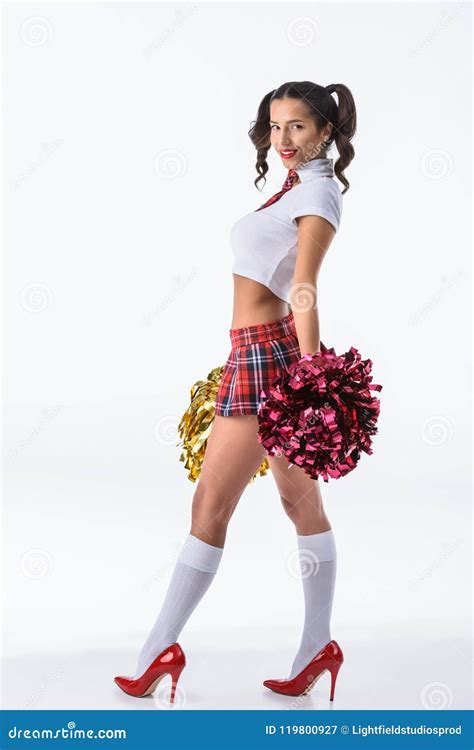 Side View Of Schoolgirl With Cheerleader Pompoms Stock Image Image Of Schoolgirl Seduction