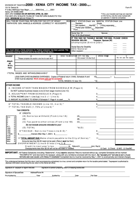 Payment voucher for income tax returns. Form R - Xenia City Income Tax - 2000 printable pdf download