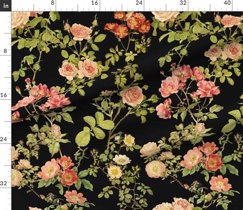 Floral Fabric English Rose Black By Peacoquettedesigns Etsy