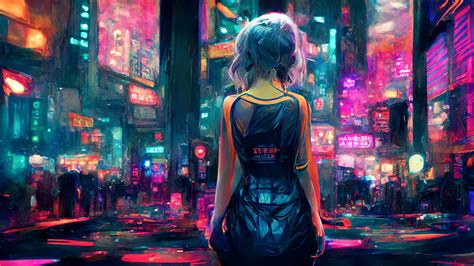 Cyberpunk Anime Girls Neon City Neon Lights Futuristic Ai Art Wallpaper