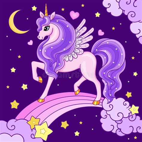 A Beautiful Pink Unicorn With A Lilac Mane On A Rainbow Vector Stock