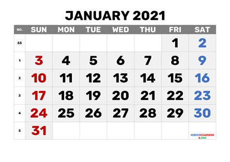 Printable January 2021 Calendar Free