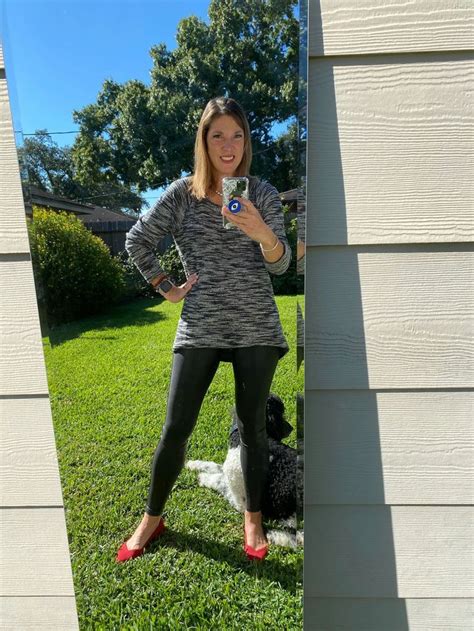 Betsy Wearing Spanx Faux Leather Leggings And A Black And White Sweater