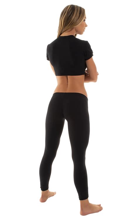 womens super low rise fitness leggings in black cotton lycra
