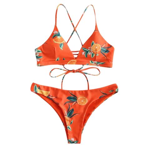 Female Orange Print Criss Cross Bikini Set Summer Beach Women Sexy