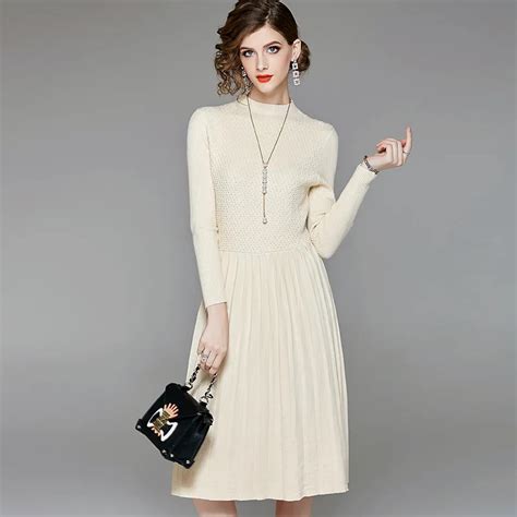 Solid Long Sleeve Elastic Knit Sweater Pleated Dress New Women