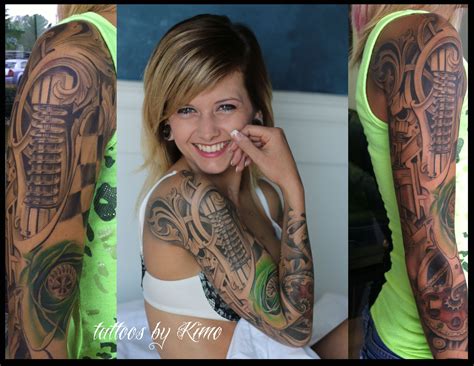 Half sleeves tattoos are now in trend, mostly those people who have large biceps are going for large kinds of tattoo designs on their half sleeve. Woman's Black and grey tattoo sleeve with motorcycle theme ...