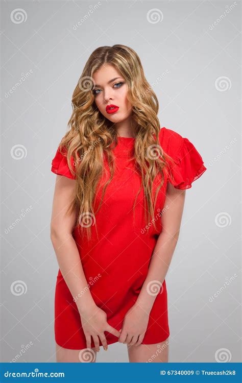 beautiful shy girl in red dress stock image image of elegance woman 67340009