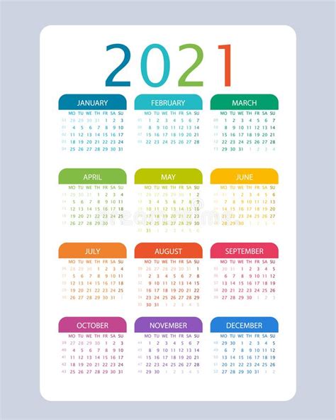 Calendario De 2021 Años Diseño Vectorial Colorido La Semana Comienza El Lunes Ilustración Del