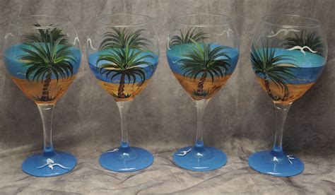 Single Tropical Palm Beach Wine Glass Etsy Hand Painted Wine Glasses Painted Wine Glasses