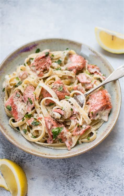 This creamy, garlicky pasta is ready in less than 15 minutes and so easy to throw together! Salmon Pasta with a Creamy Garlic Sauce • Salt & Lavender
