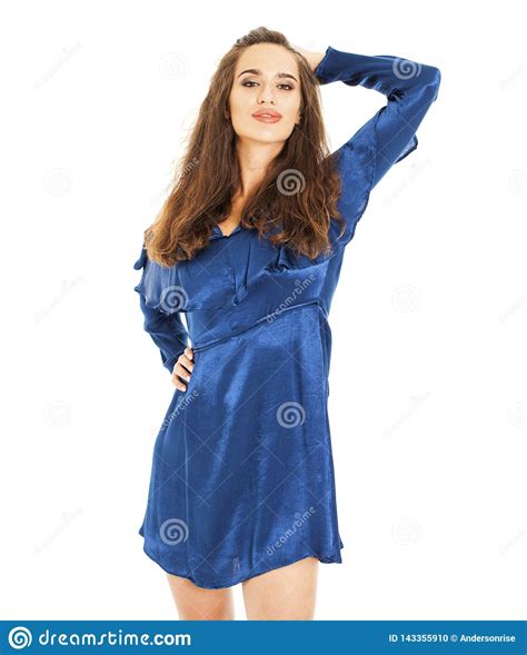 Beautiful Brunette Woman In Blue Dress Stock Photo Image Of Perfect