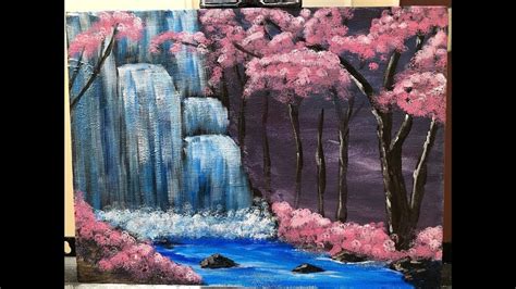 Cherry Blossom Forest By The Waterfalls Acrylic Painting For Beginners