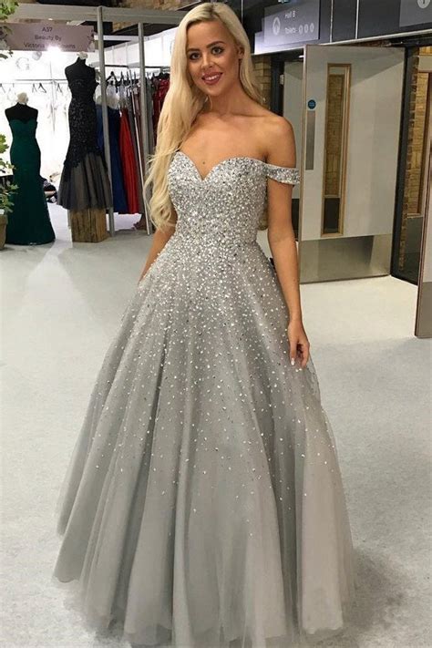 Buy Shiny Ball Gown Off The Shoulder Sweetheart Silver Beaded Tulle