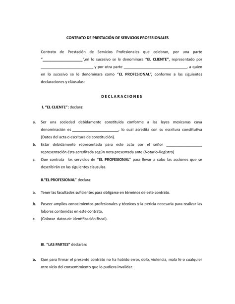 Contrato de Prestacion Servicios Profesionales CONTRATO DE PRESTACIÓN