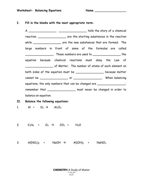 Read free balancing chemical equations worksheet answers chemfiesta. Chemistry A Study Of Matter 6 23 Worksheet Balancing ...