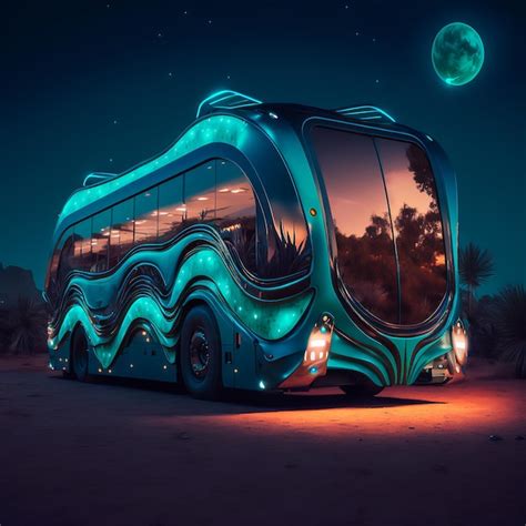 Premium Photo Illuminated Futuristic Autonomous Bus Science Fiction Scene Ai Generated