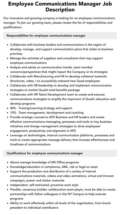 Employee Communications Manager Job Description Velvet Jobs