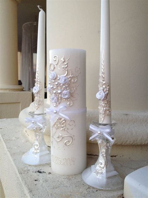 Gorgeous Wedding Unity Candle Set In Pearl Ivory And White Beautiful