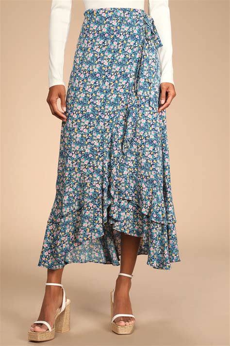 Blue Floral Print Skirt Floral Wrap Skirt Flower Print Skirt Lulus