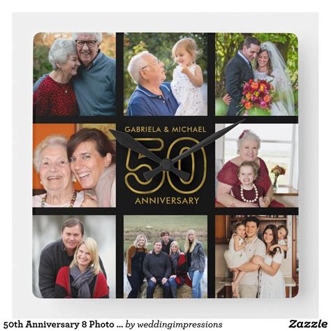 50th Anniversary 8 Photo Collage Black And Gold Square Wall Clock 50