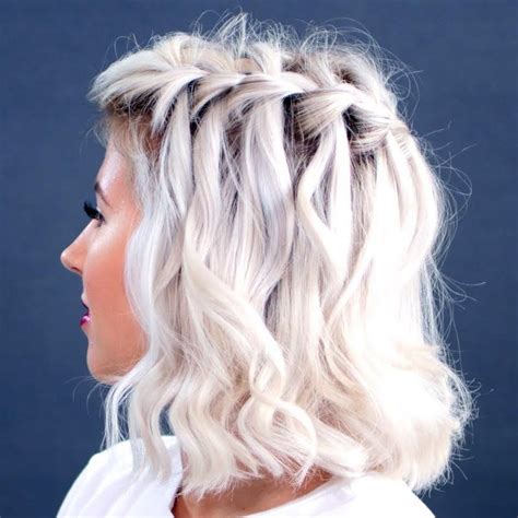Gather a section of hair from the front of the side that has more hair so you can break it into 3 strands. How To Waterfall Braid Short Hair | Prom hairstyles for short hair, Messy short hair, Short hair ...