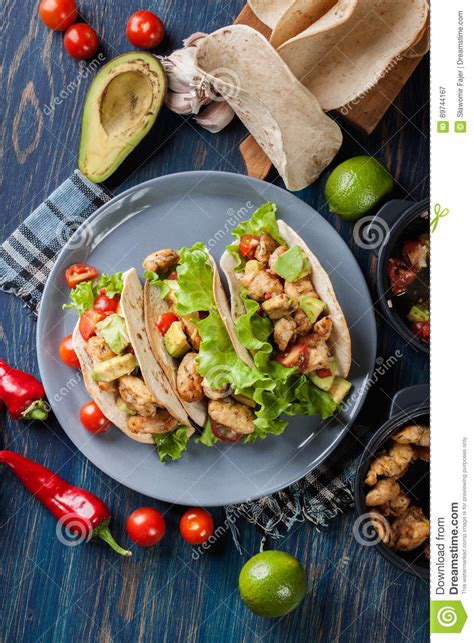authentic mexican tacos  chicken  salsa  avocado tom stock image image